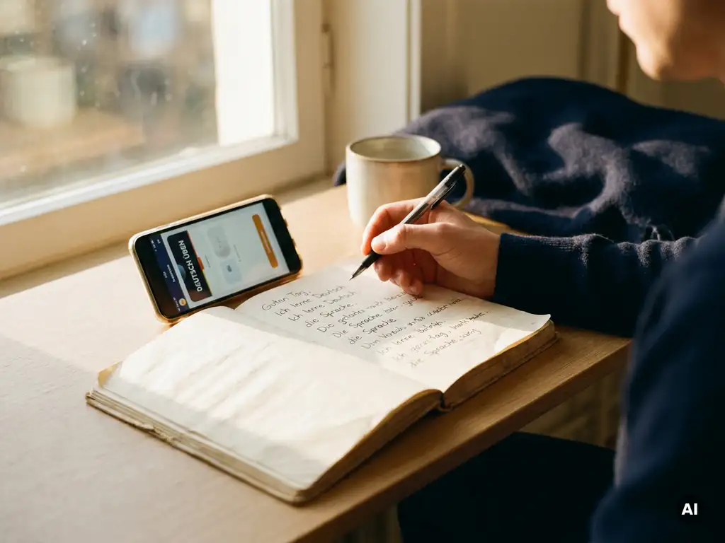 Language learner handwriting German phrases in an open notebook beside a smartphone showing a practice session, warm afternoon light.